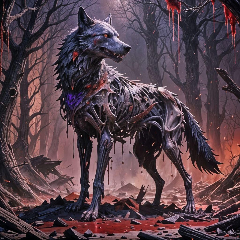 Skeleton Wolf with Blood Splatter in Detailed Matte Painting
