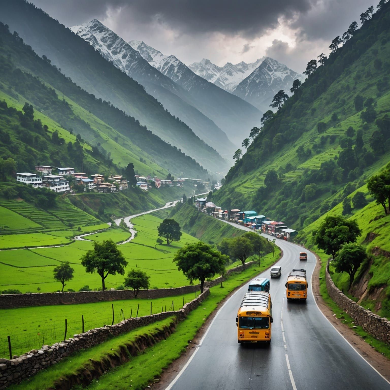 Himachal Pradesh Valley Road: Detailed Matte Painting