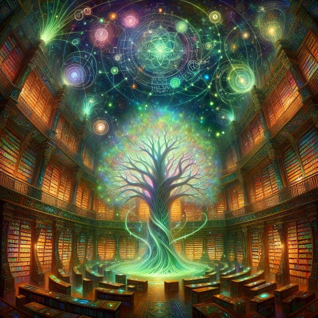 Ethereal Library Scene in Oil Painting Style