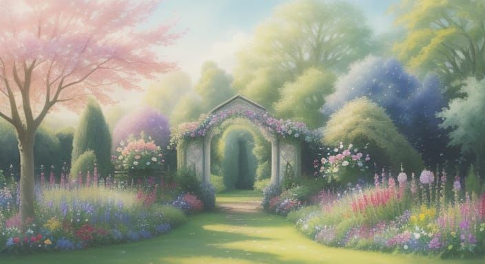 Enchanting English Country Garden in Whimsical Watercolor St...