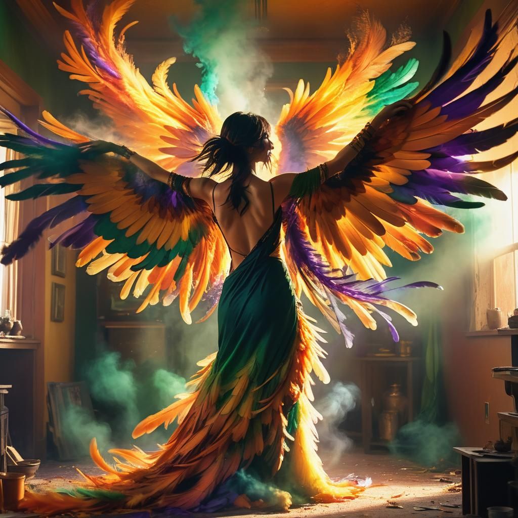 Woman Transforms Into Phoenix: Cinematic Film Still