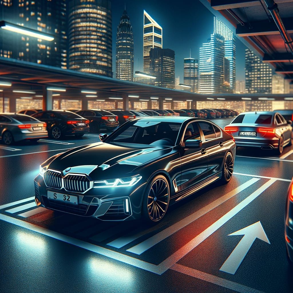 Luxury German Sedans Park in Busy City Garage at Night