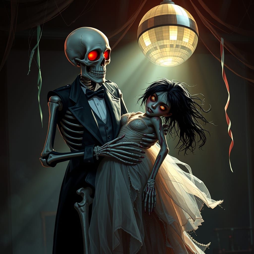 Skeleton Lifts Zombie Girl in Gothic Ballroom