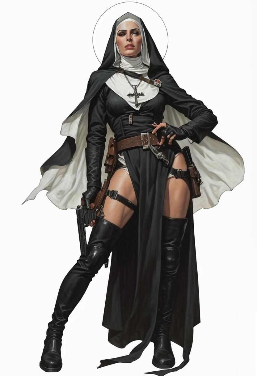Combat Nun with Pistol Illustration