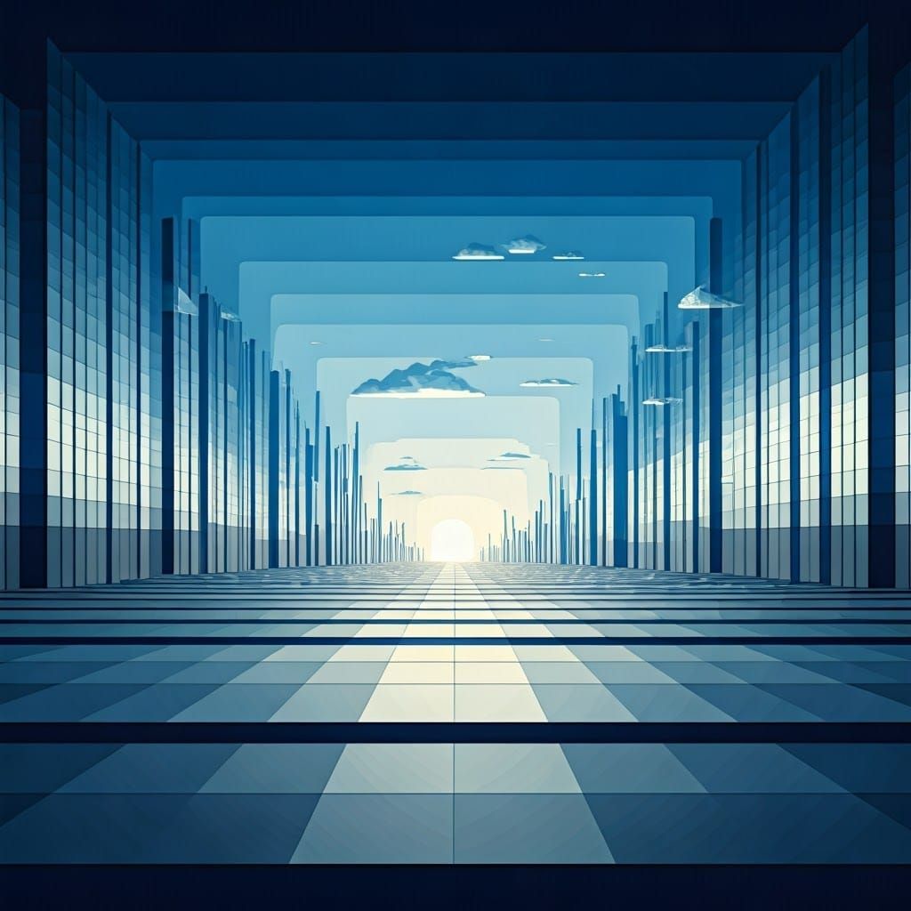 Geometric Blue Grey Landscape with Optical Illusion