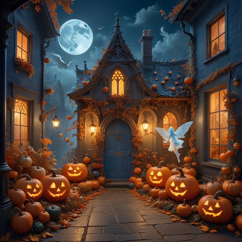 Fairies and Ghosts Trick-or-Treating Under Misty Full Moon