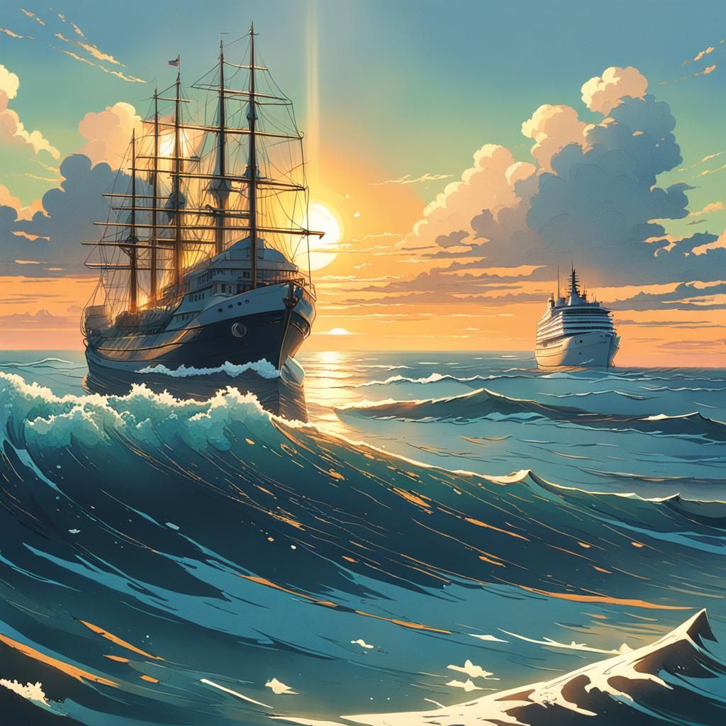 Ocean Sunset with Sailing Ships: Anime Key Visual