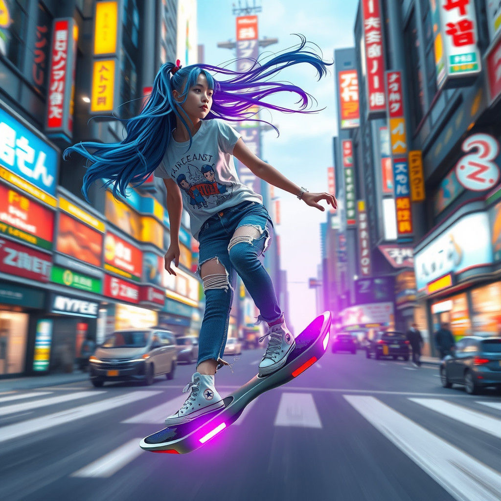 Arcane Girl Soaring Through Futuristic Tokyo