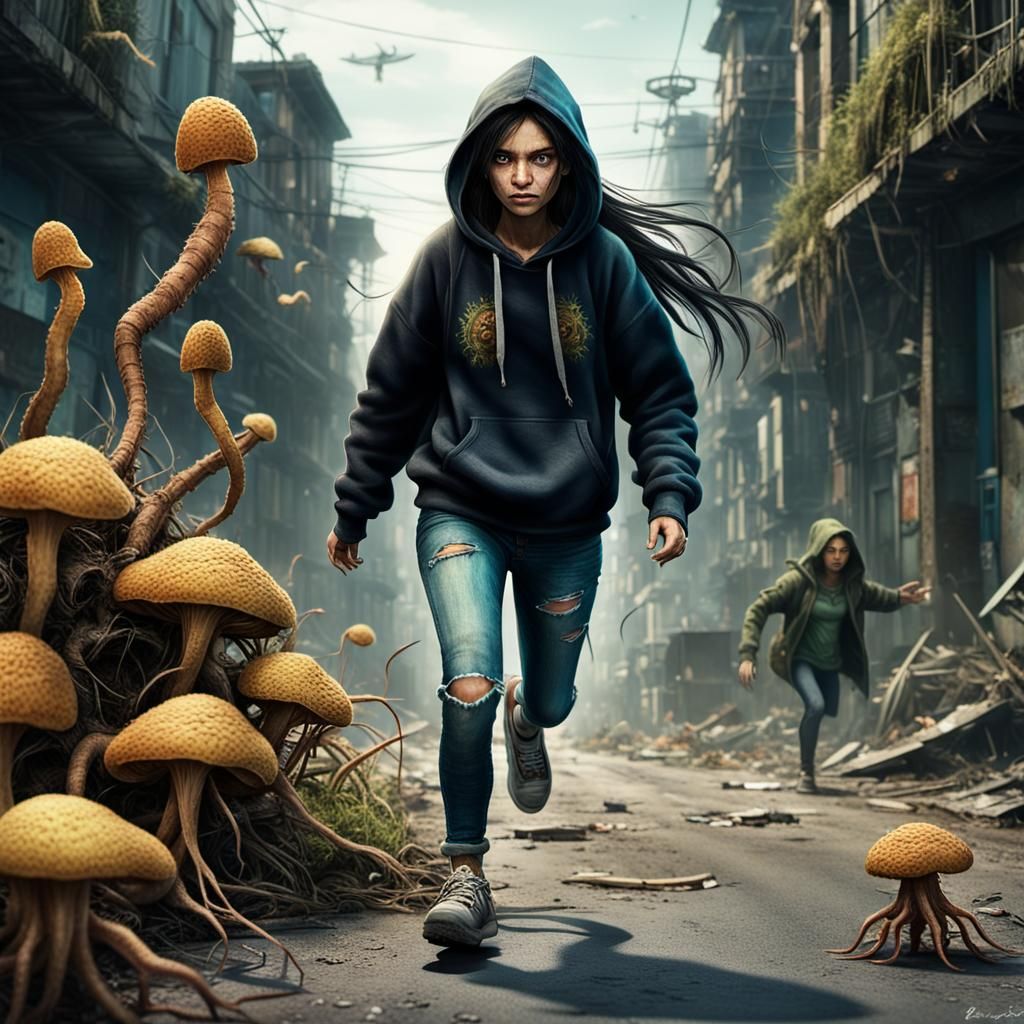 Woman Fleeing Cordyceps Afflicted Man in Dystopian City