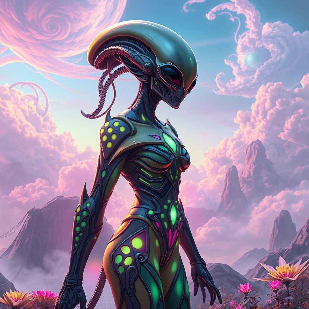 Alien Woman on Iridescent Planet in Dreamlike Biomechanical ...