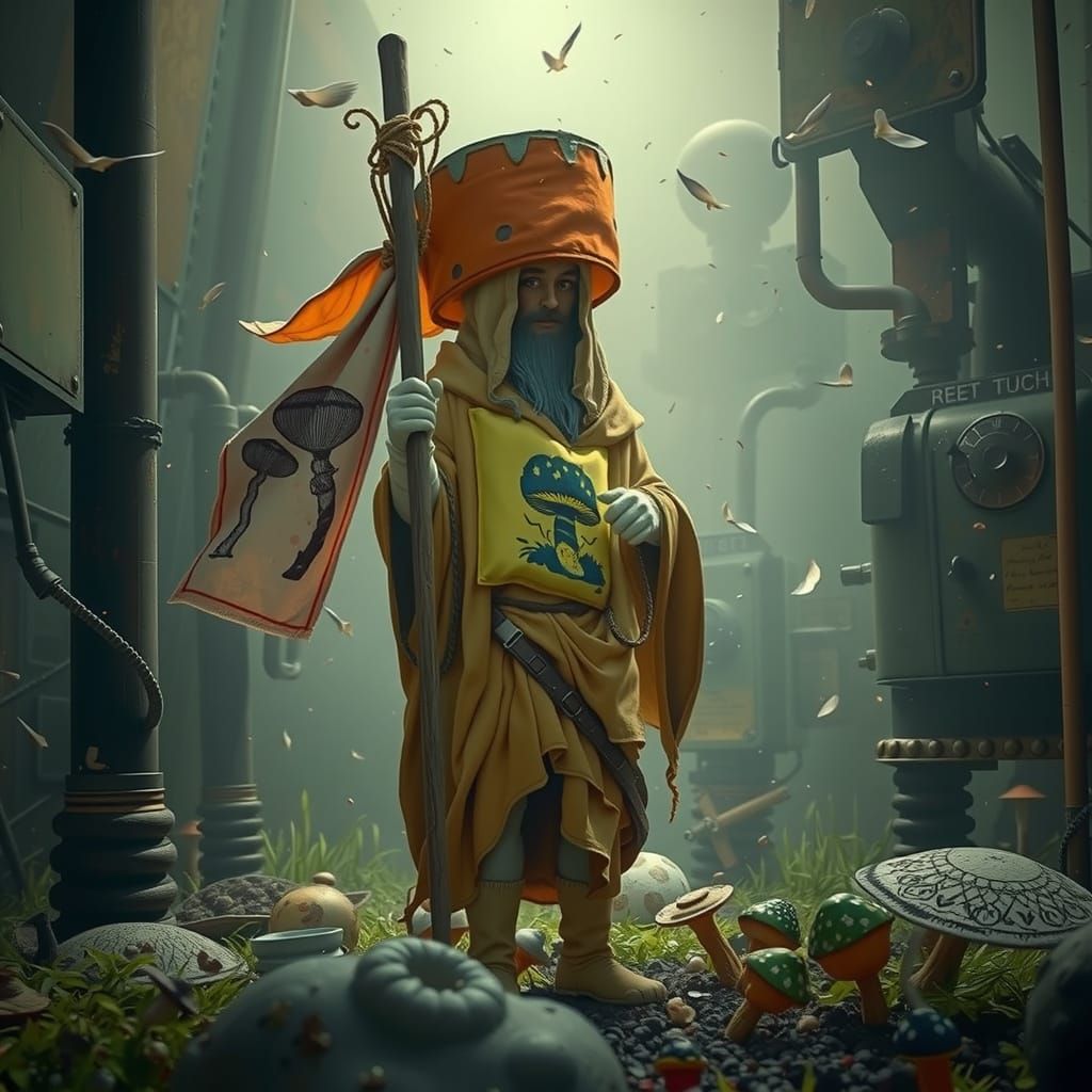 Whimsical Hermit in a Chewing Gum Cabin amidst Mushroom Flag...