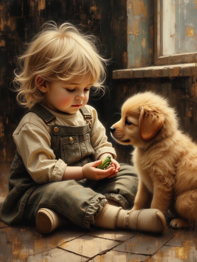 Toddler and Puppy Share Grasshopper Oil Painting