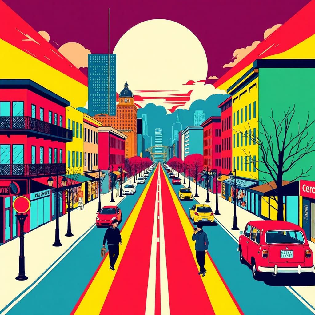 Retro-Futuristic Quebec Scene in Pop Art Style