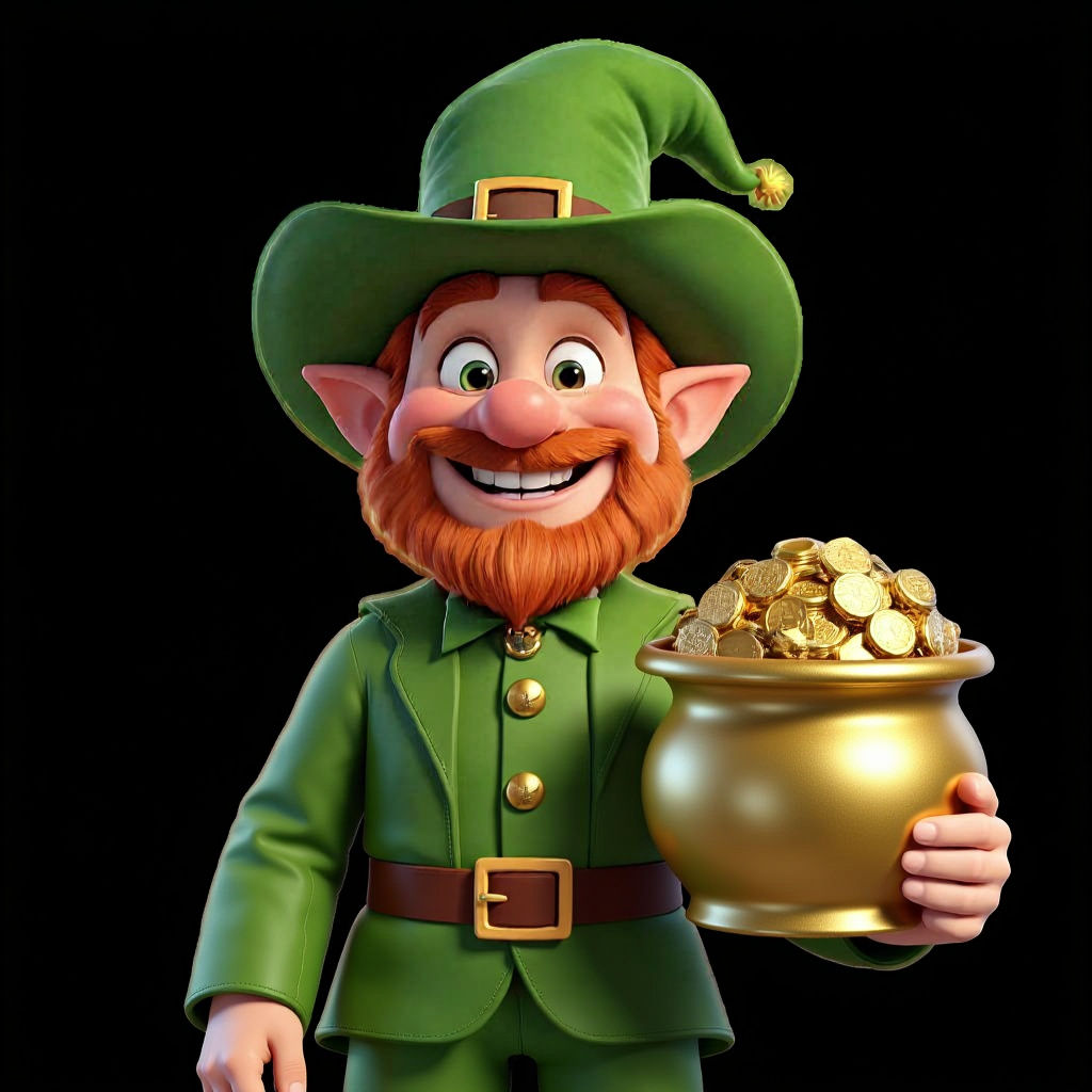 Smiling Leprechaun with Sign in Pixar Style