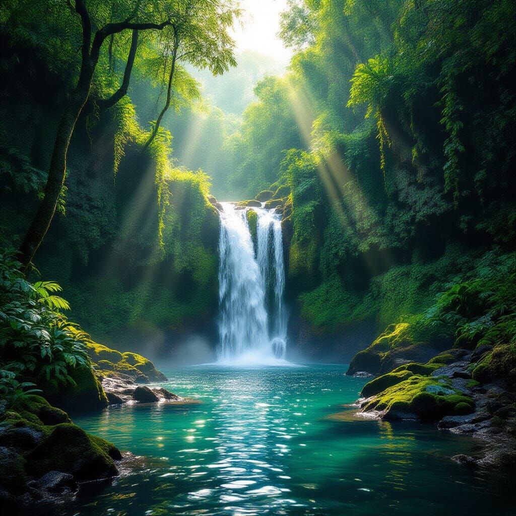 Secluded Tropical Waterfall in Golden Hour Light