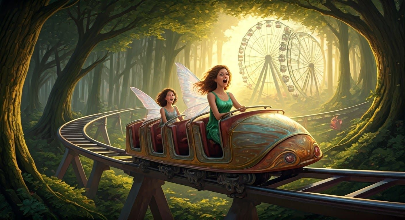 Fairies' Thrilling Rollercoaster Ride: Oil Painting