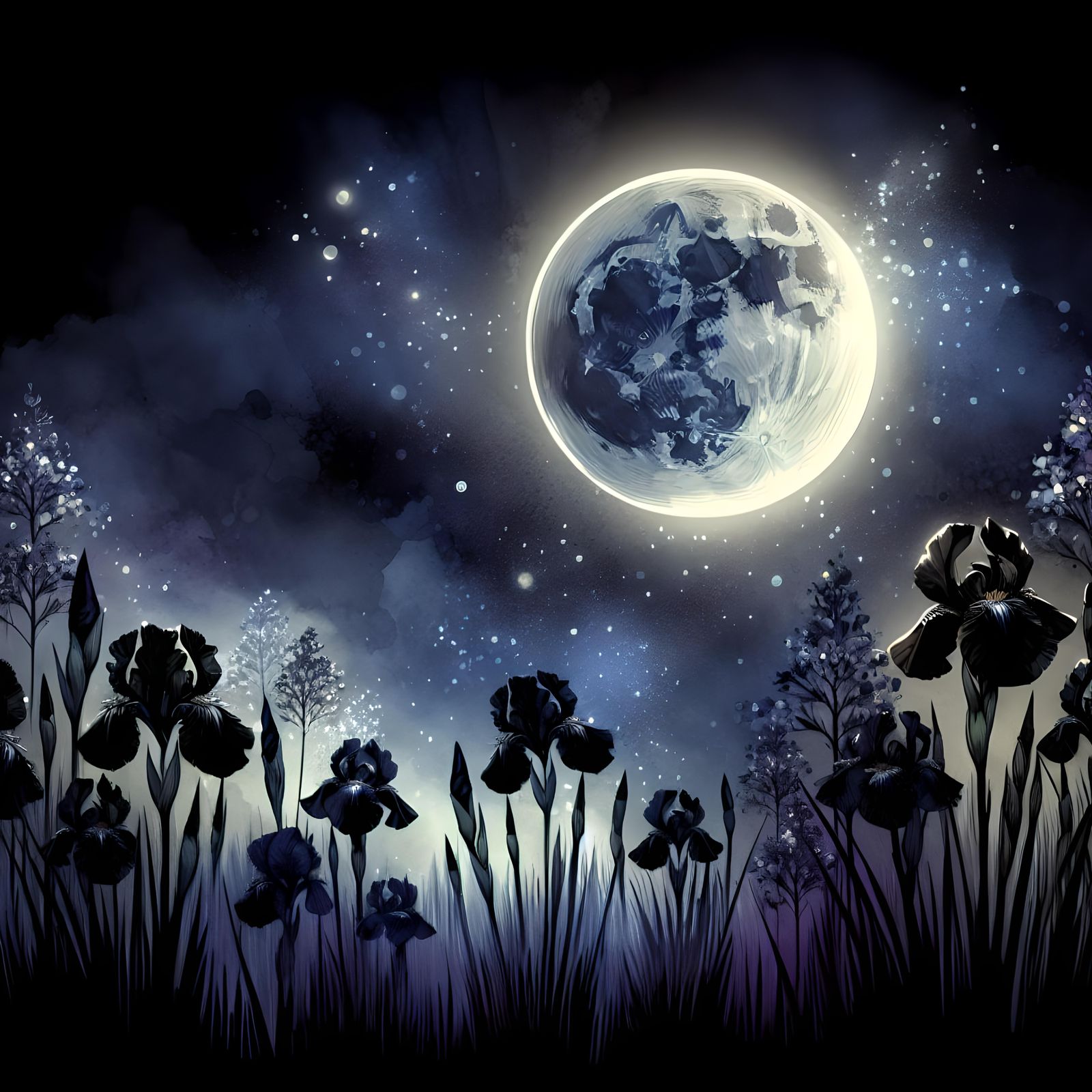 Moonlit Black Irises in Watercolor Style