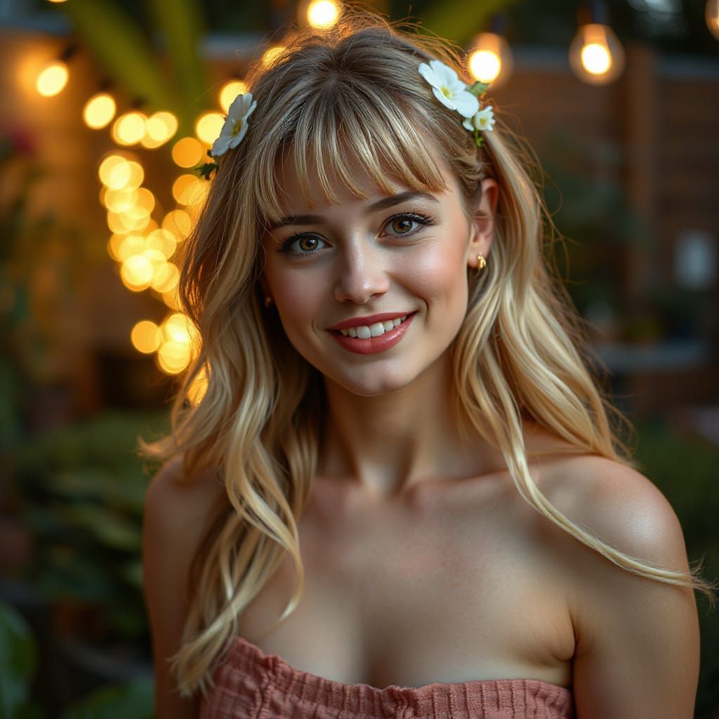 Happy Swedish Woman in Garden with Flowers