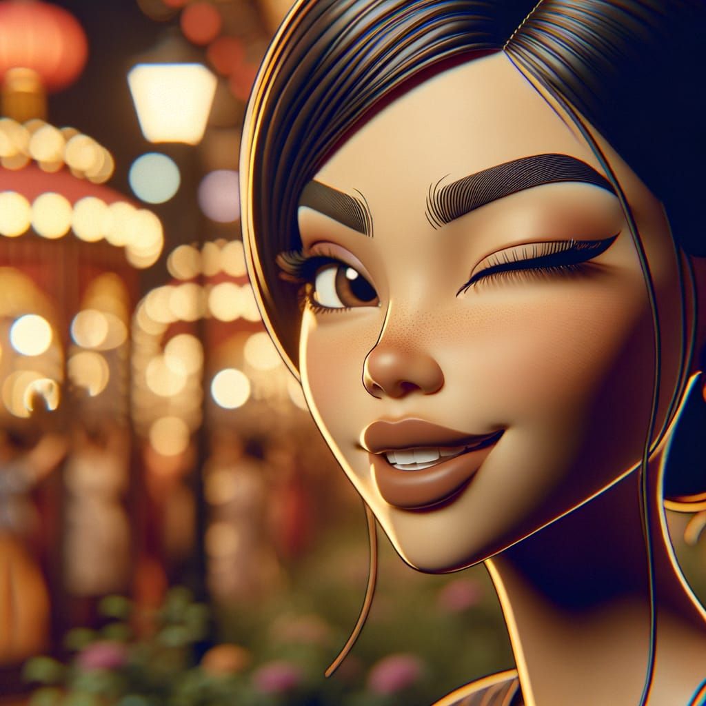 Winking Woman in Cartoon CGI Style