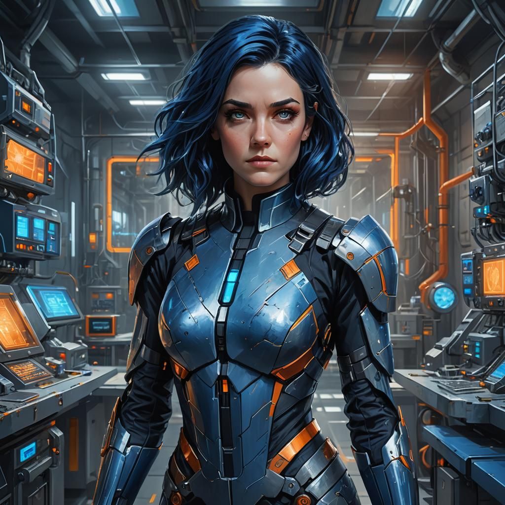 Heroic Woman in High-Tech Lab, Digital Art