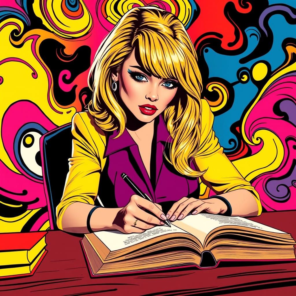 Pop Art Blonde Woman Writing a Book