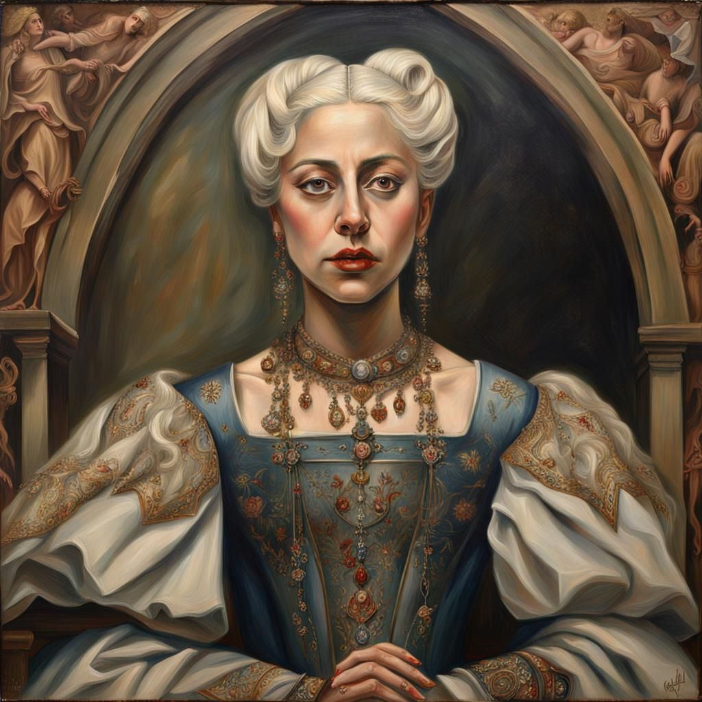 Lady Gaga in Medieval Dress: Romantic Oil Painting
