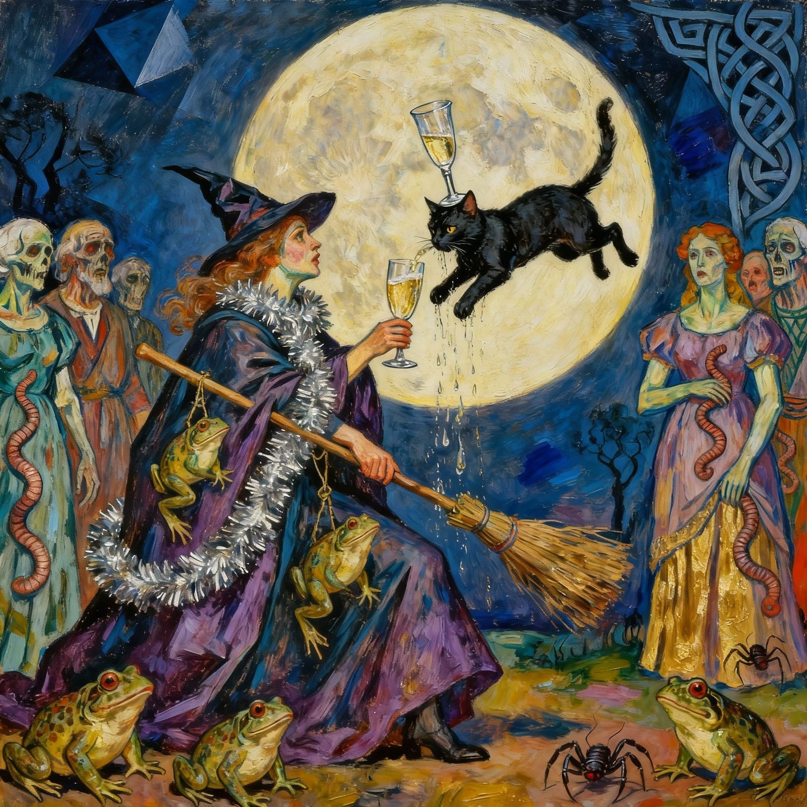 Drunken Witch and Cat Flying Broomstick Under Moon