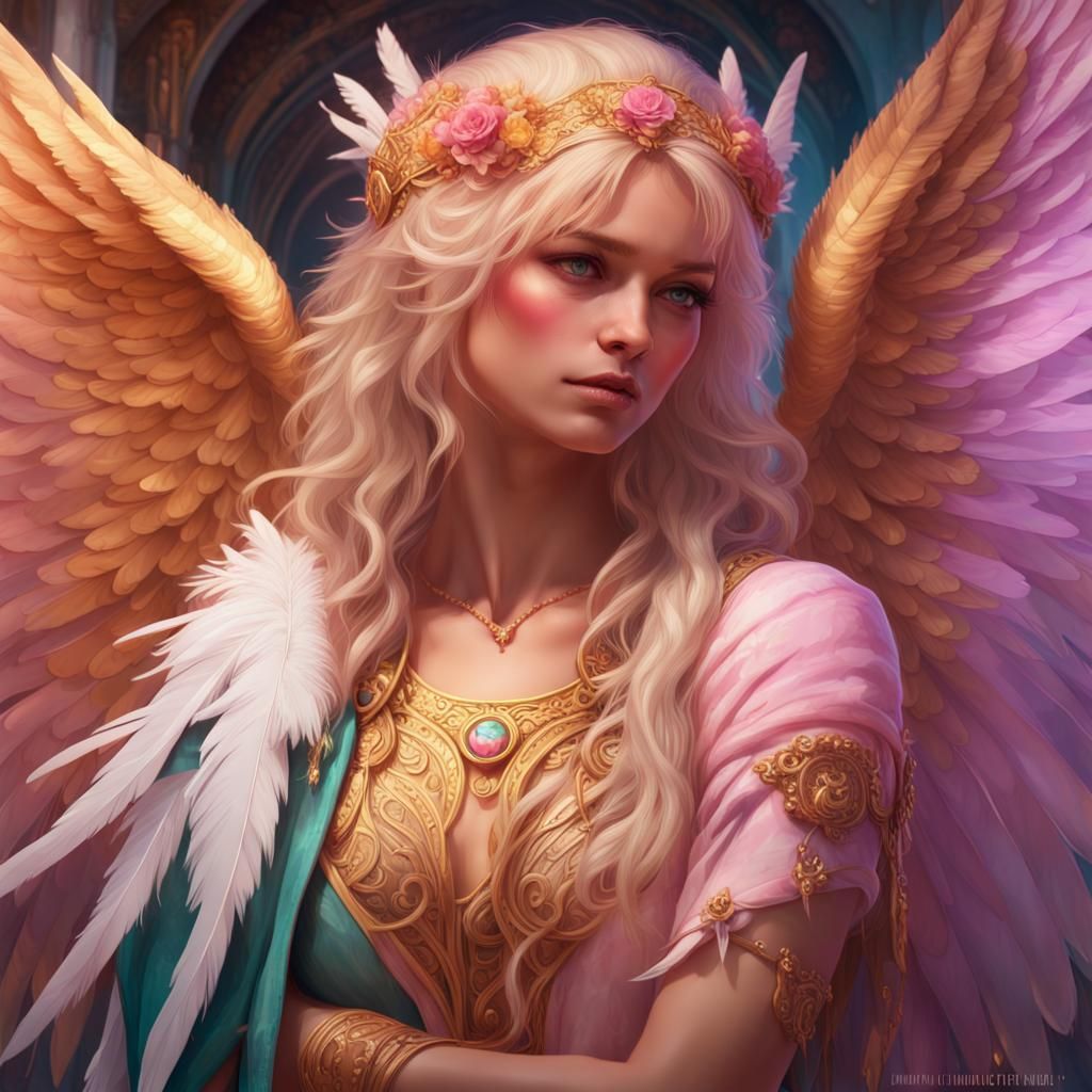 Angelic Embrace: Golden Angel and Pink-Haired Queen