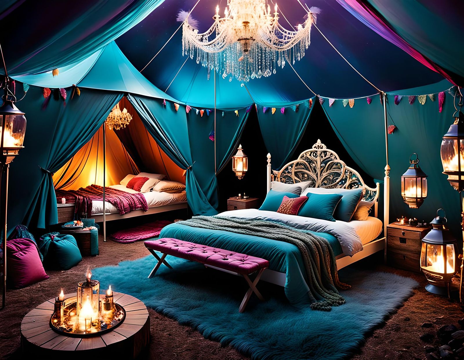 Glamorous Campsite with Feather Bed and Chandelier