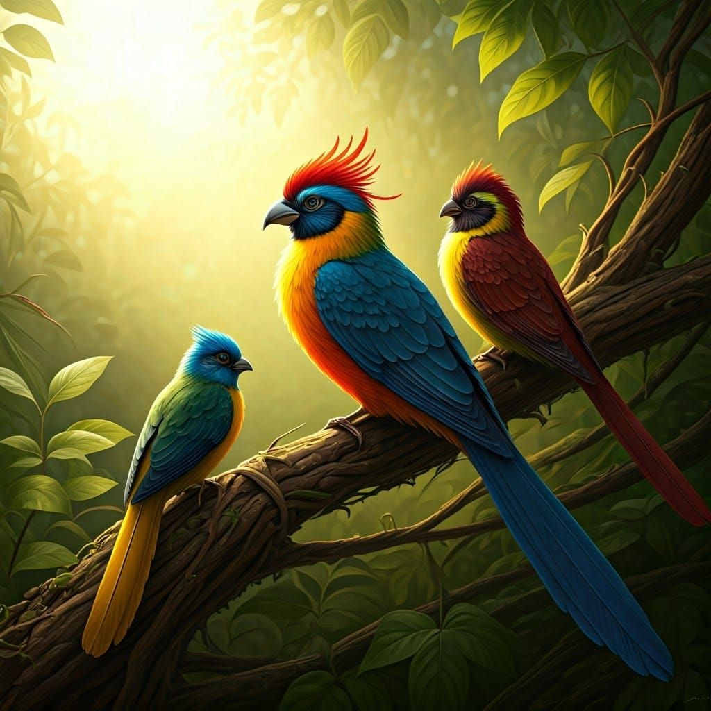 Exotic Birds in Lush Foliage: Impressionistic Digital Art