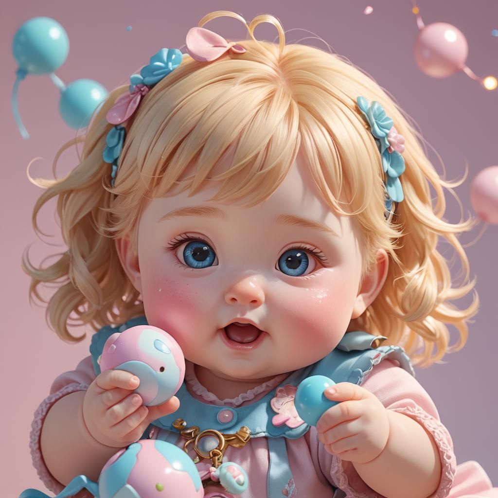 Anime Baby Girl with Rattle in 3D Rendered Art