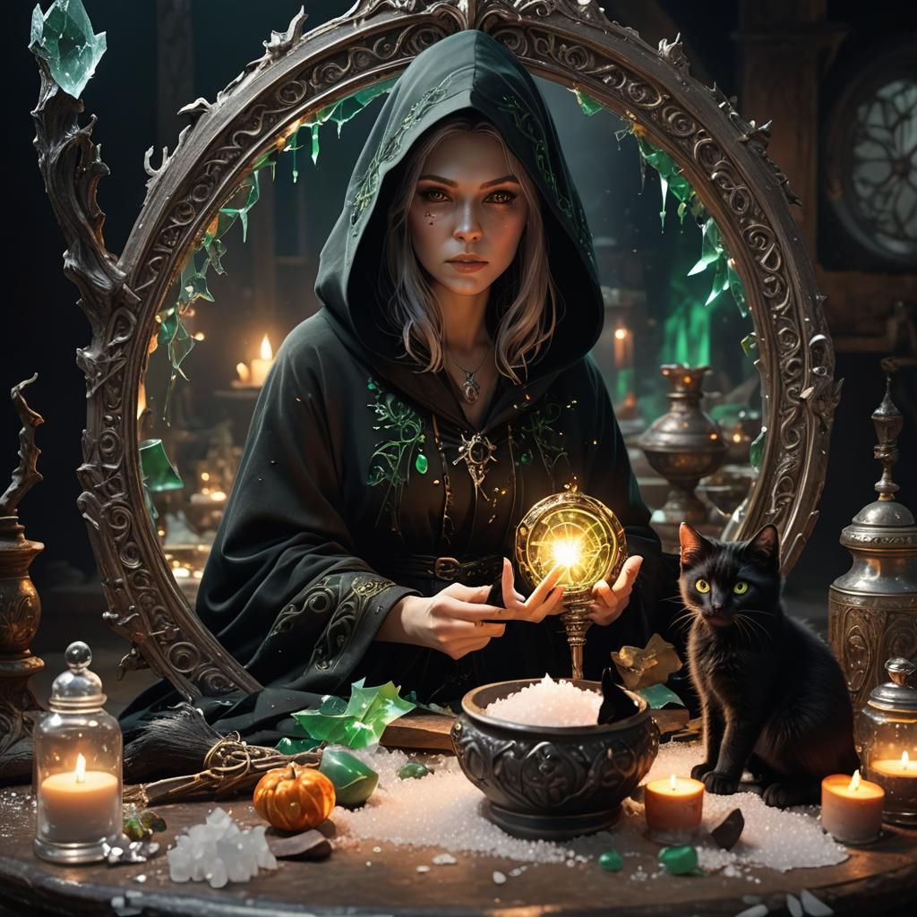 Mystical Witch with Kitten, Rembrandt Lighting