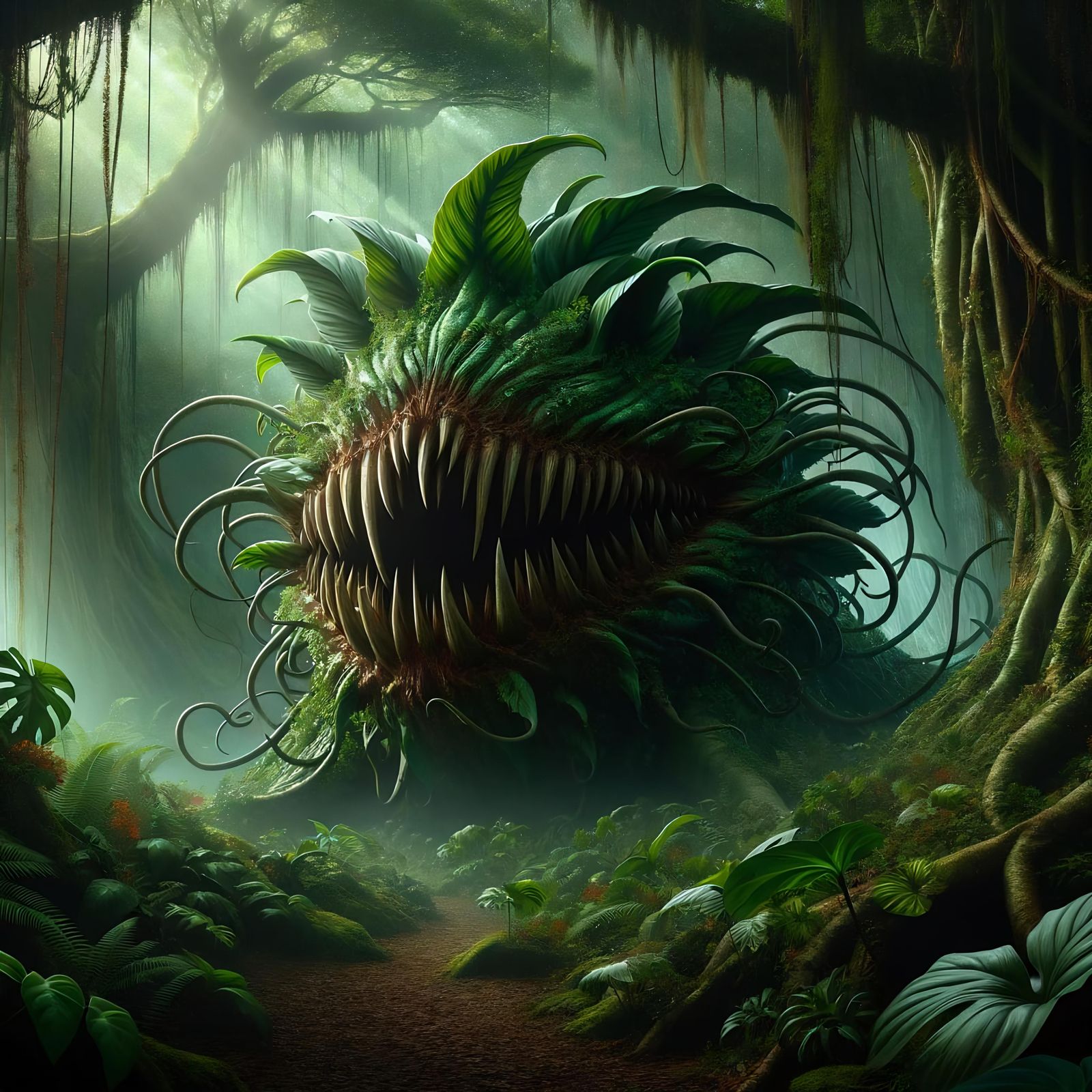 Epic Fantasy Greenvise Monster in Dark Forest