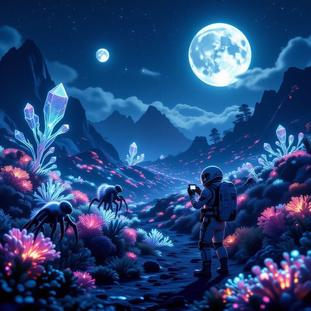 Bioluminescent Alien World with Retro Explorer