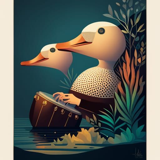 Duck Playing Bongos: Collage Art Poster