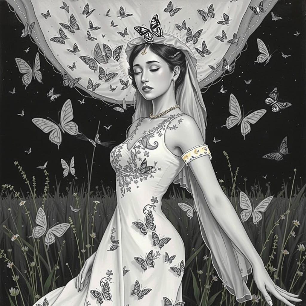 Betawi Woman Enveloped by Butterflies in Vibrant Summer Mead...