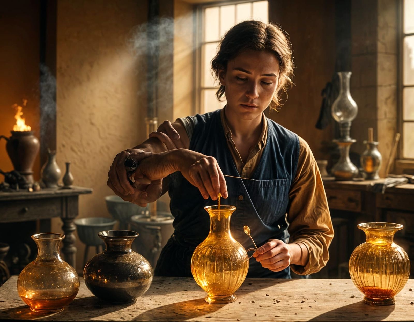 Glassmaker Modeling Delicate Vase: Cinematic Film Still