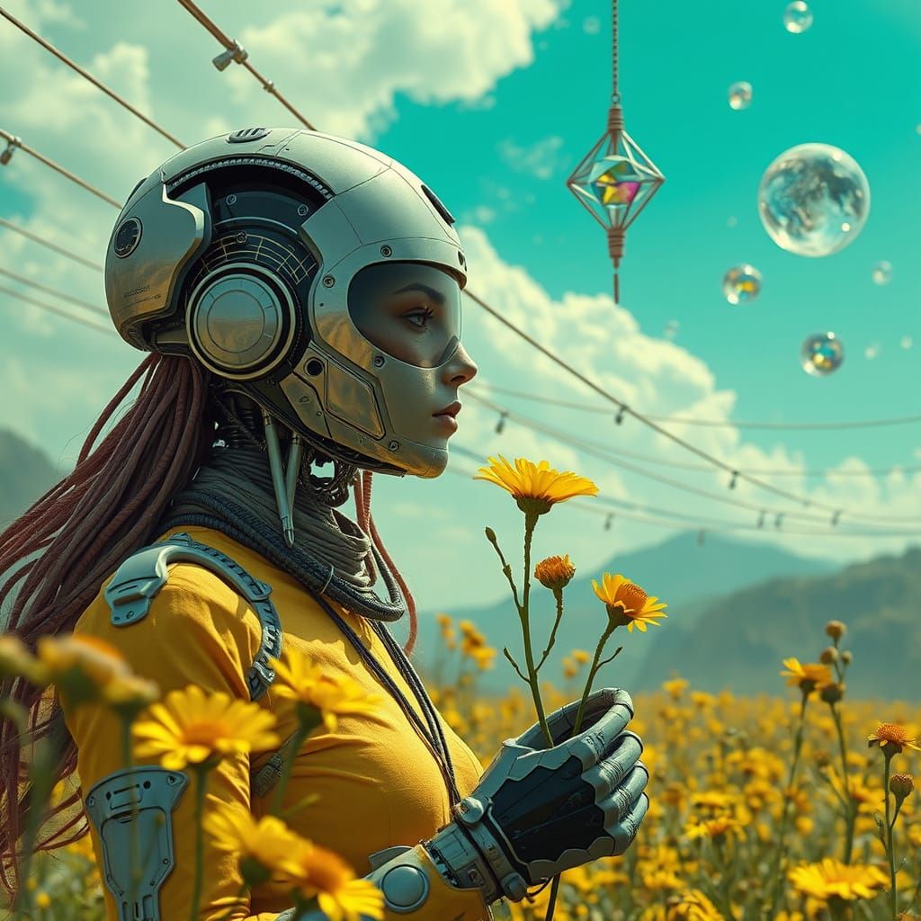 Cybernetic Woman in Alien Flower Field
