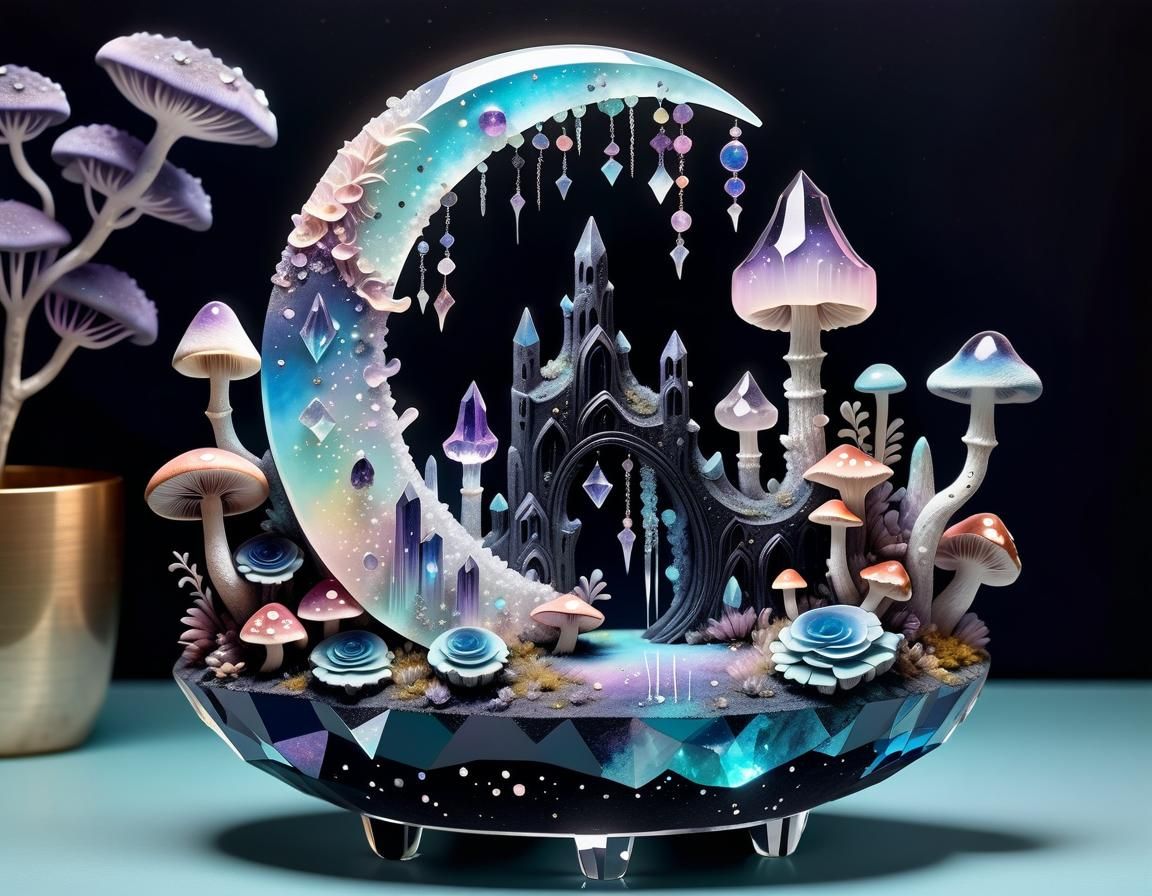 Crescent Moon with Crystal Clusters Artwork