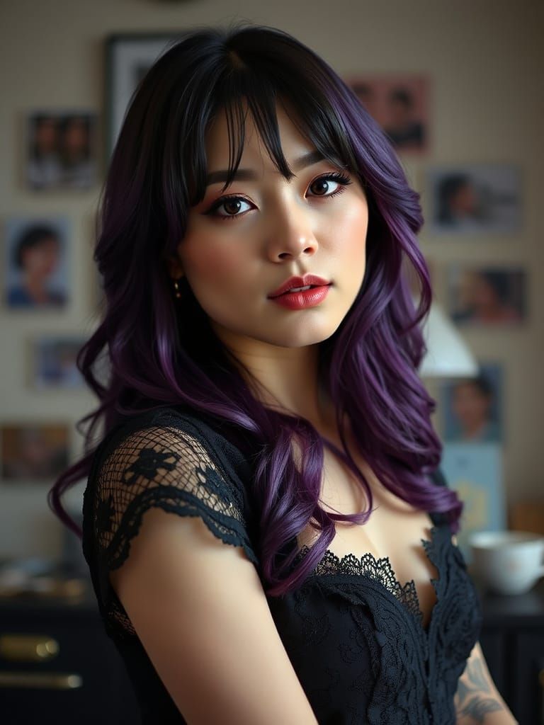 Purple-Haired Woman in Black Dress: Professional Photography