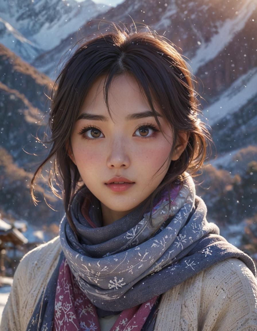 Anime Asian Girl in Snowy Mountain Landscape