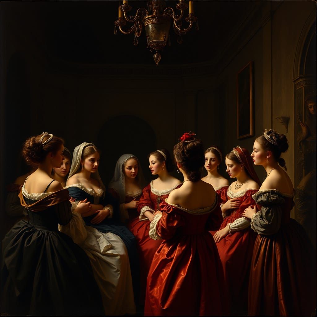 Baroque Women in Ornate Chamber, Caravaggio Lighting