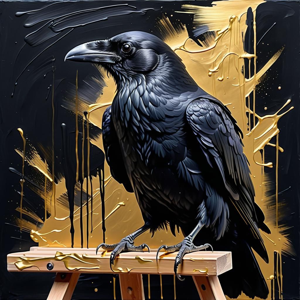 Black Raven Painting with Golden Highlights in Grunge Style
