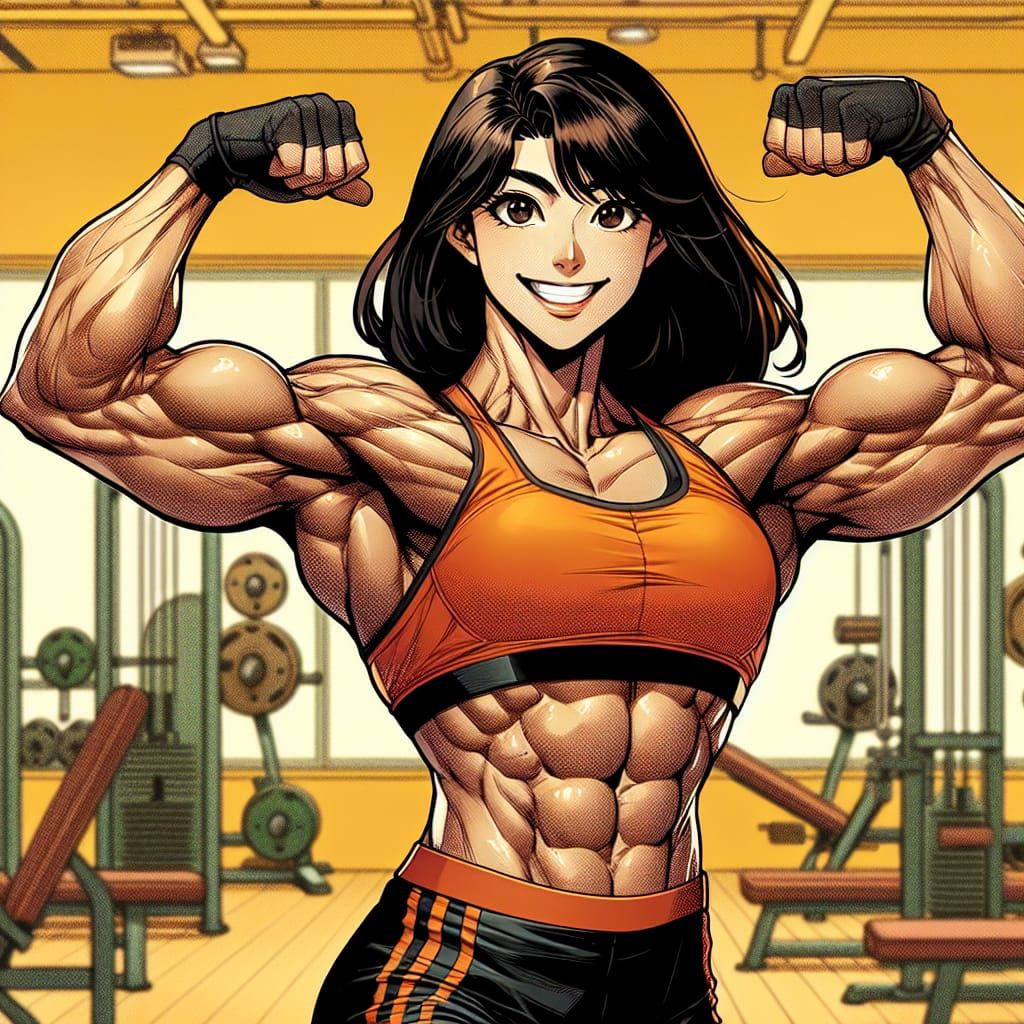 Muscular Asian Woman Bodybuilder in Manga Style