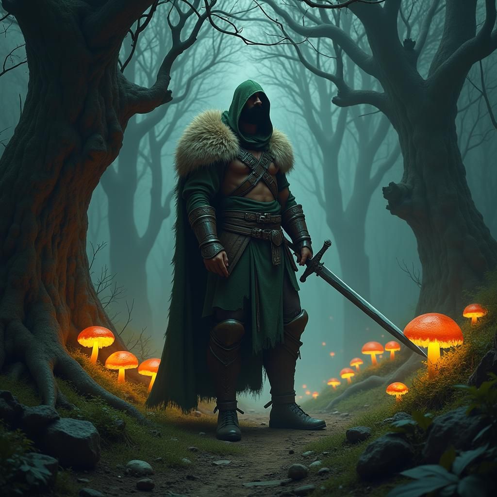 Warrior in Mystical Forest with Sword