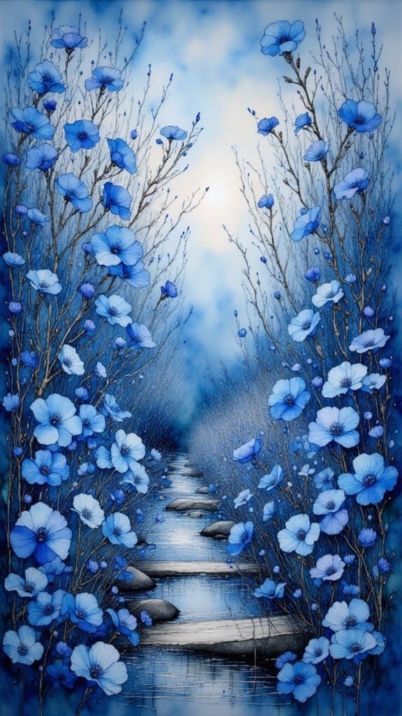 Blue Flowers in Ink Drawing Style