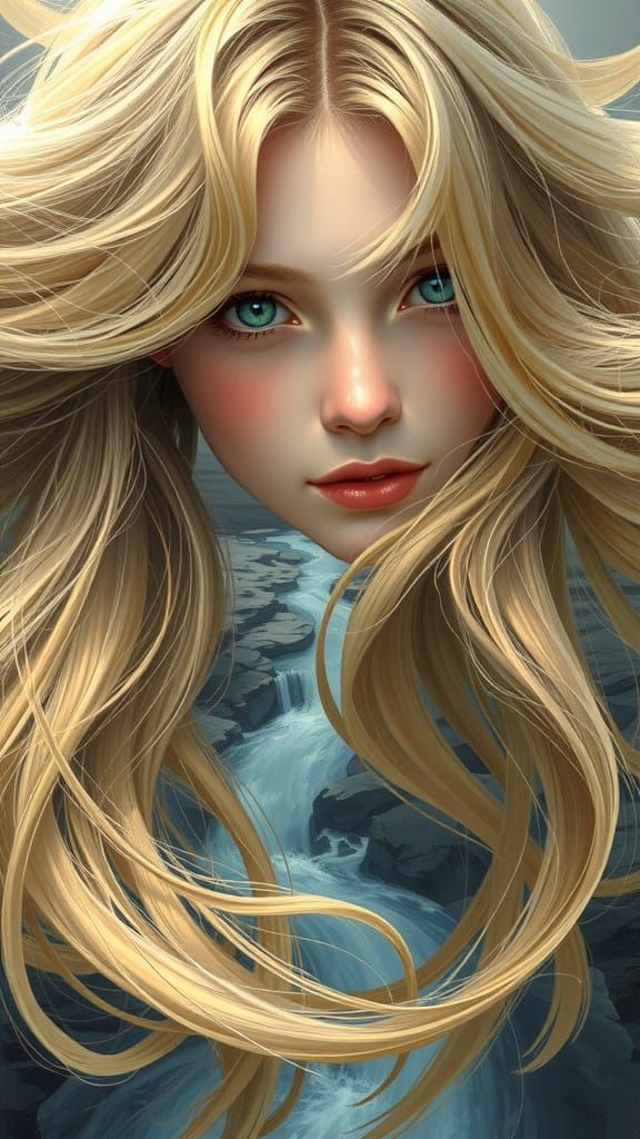 Ethereal Blonde Goddess in Dreamy Valley Landscape