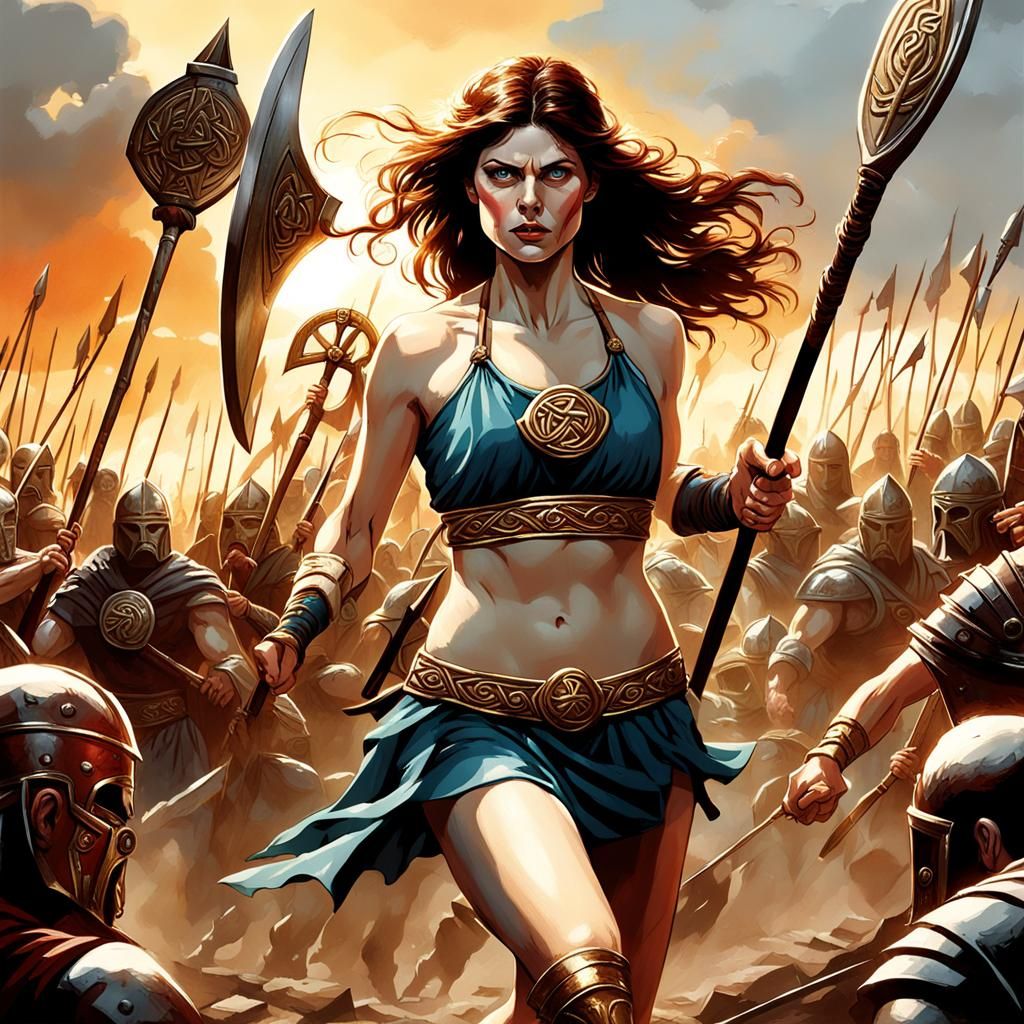 Celtic Warrior Woman Attacks Romans at Sunrise