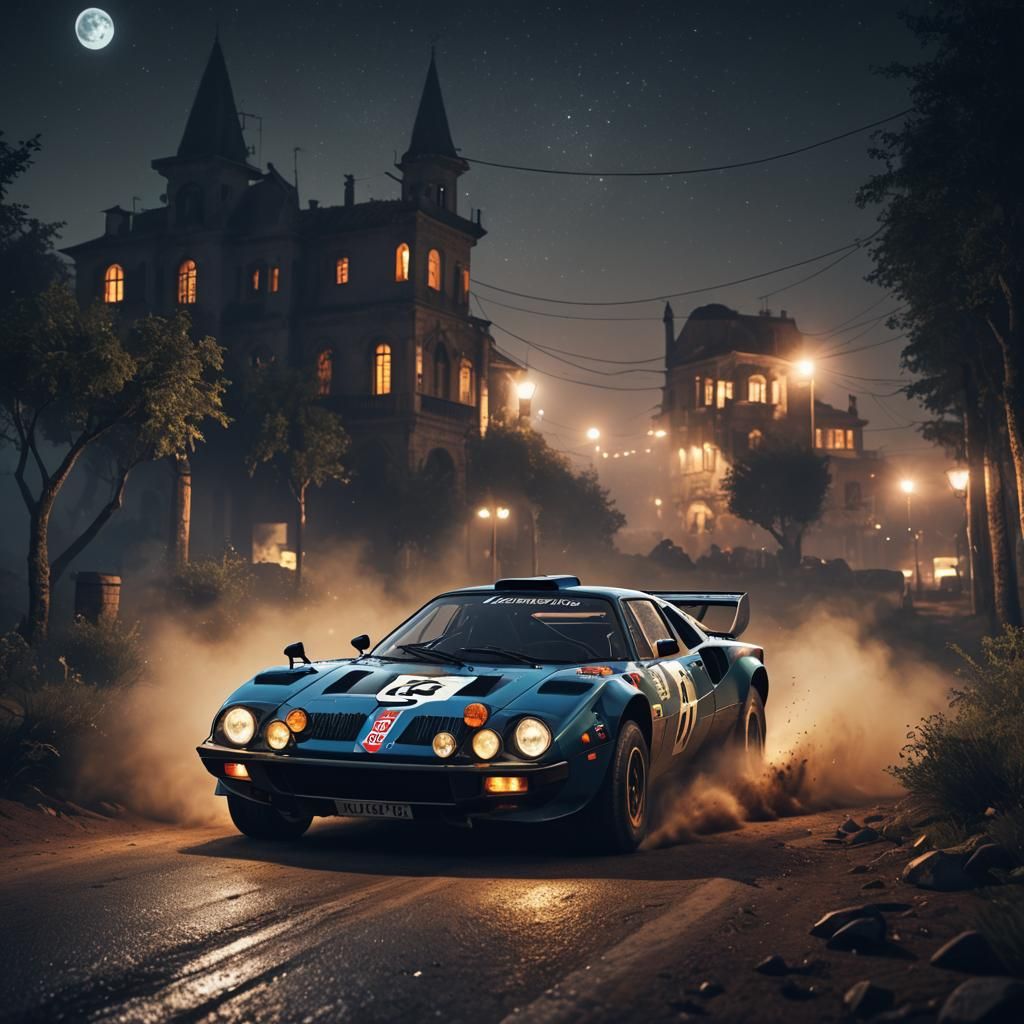 Lancia Stratos Rallying at Night in Detailed Matte Painting