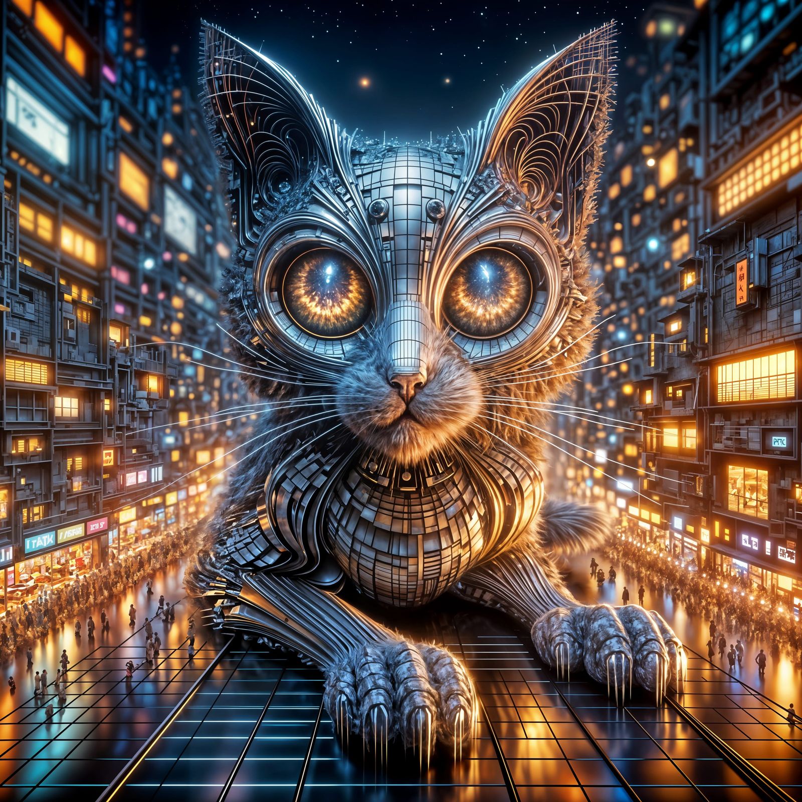 Mirror Cat in Futuristic Japanese Cityscape